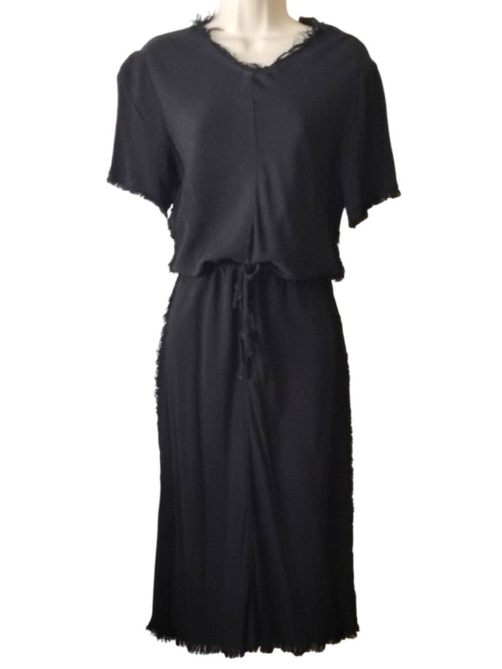 Raquel Allegra Fringed Rayon Drawstring Blouson Dress M 2 Black